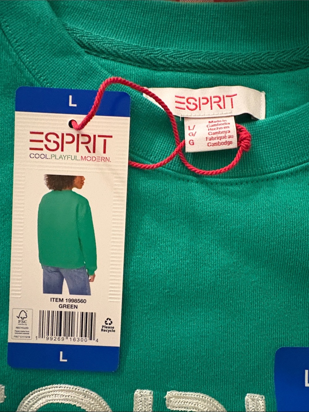 Esprit Large green Crewneck Sweatshirt with White Logo New - Picture 4 of 8